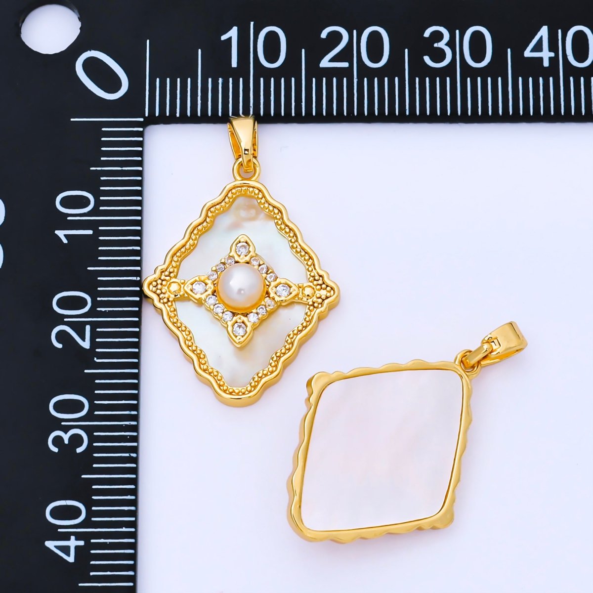 24K Gold Filled 24mm Micro Paved CZ Mother of Pearl Dazzling Rhombus Pendant | AA1653 - DLUXCA