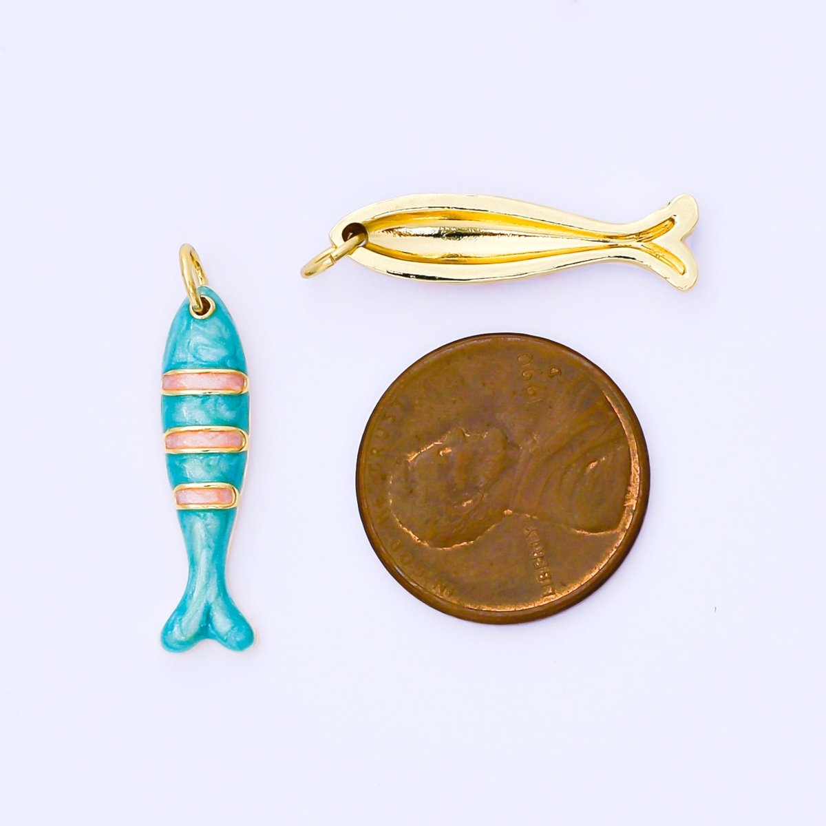 24K Gold Filled 24mm Teal, Orange, Purple Enamel Stripes Sea Creature Sardine Fish Charm | AF1502 AF1503 - DLUXCA