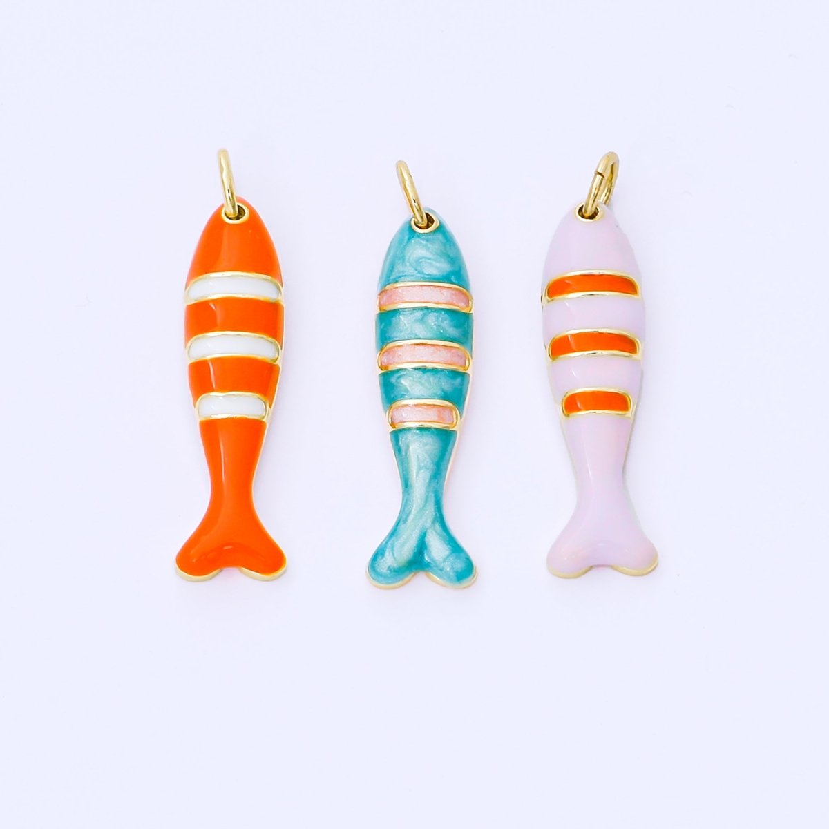 24K Gold Filled 24mm Teal, Orange, Purple Enamel Stripes Sea Creature Sardine Fish Charm | AF1502 AF1503 - DLUXCA