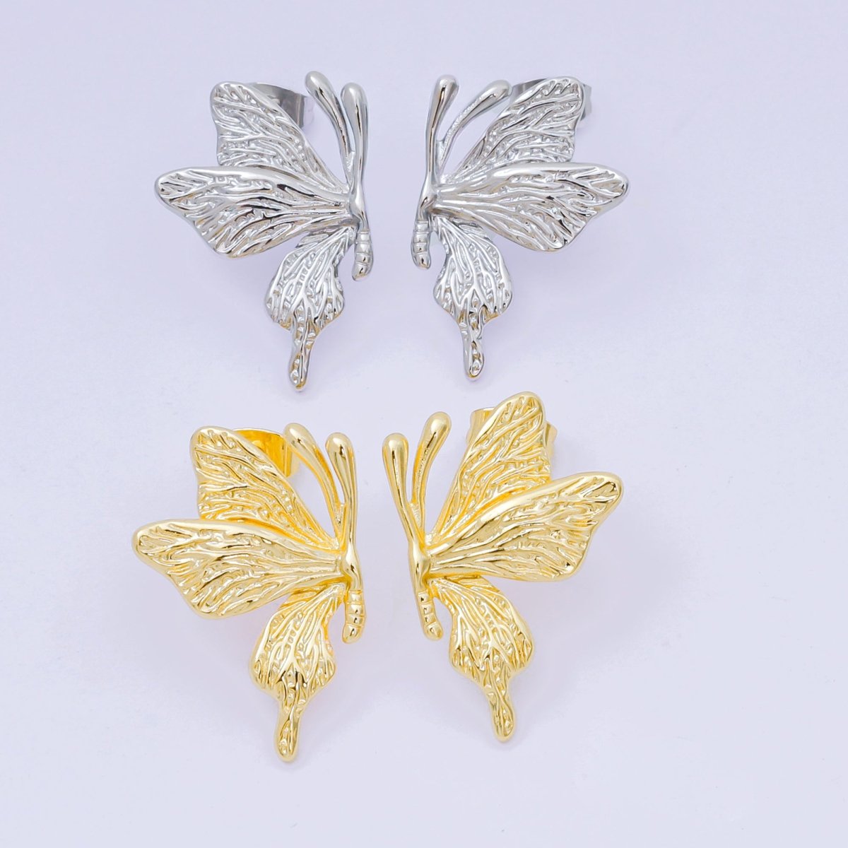 24K Gold Filled 25.5mm Mariposa Butterfly Hammered Stud Earrings Set in Gold & Silver | AJ138 AJ139 - DLUXCA