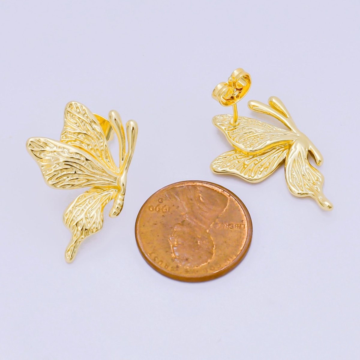 24K Gold Filled 25.5mm Mariposa Butterfly Hammered Stud Earrings Set in Gold & Silver | AJ138 AJ139 - DLUXCA