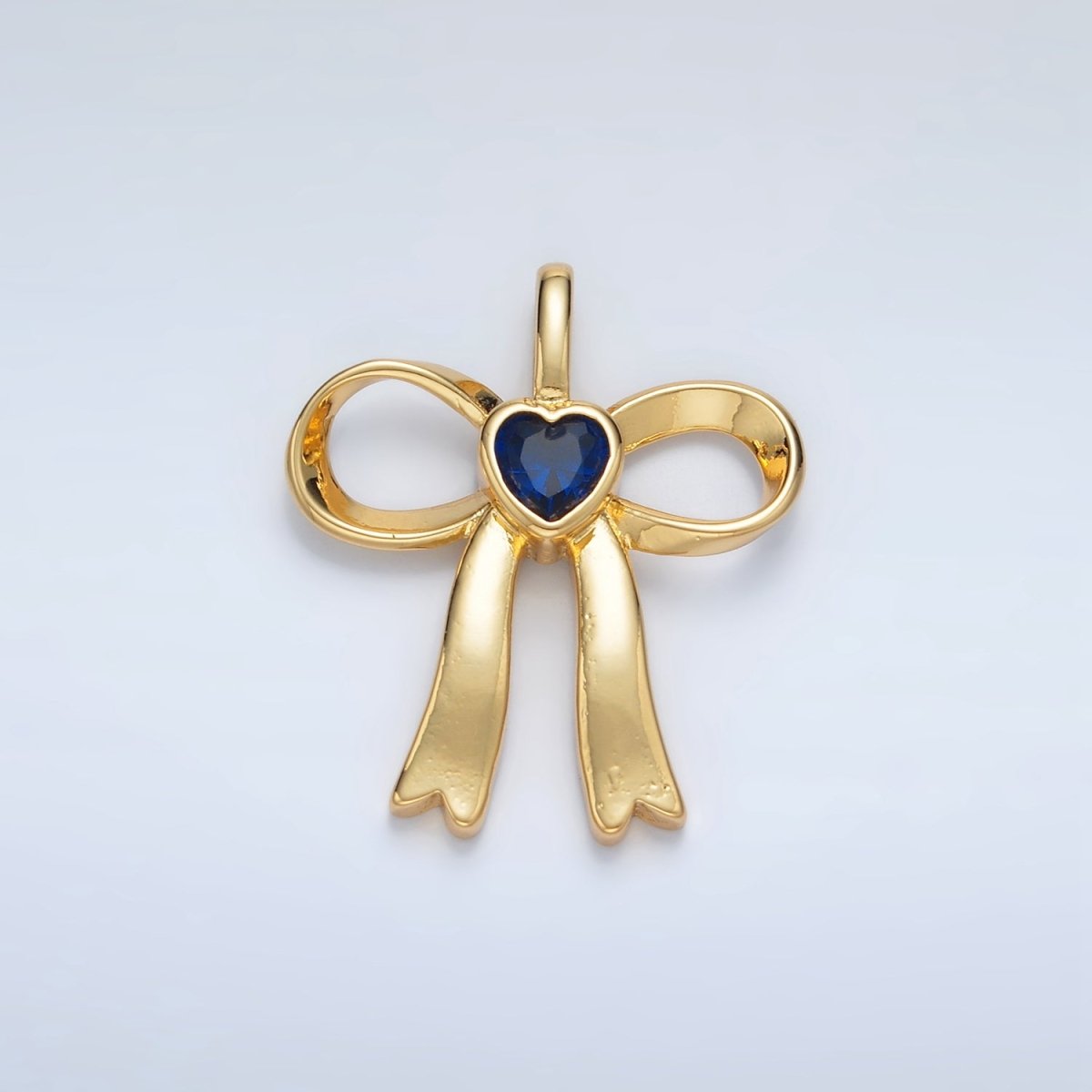 24K Gold Filled 25mm Birthstone Heart CZ Ribbon Bow Pendant | AA1413 - AA1418 - DLUXCA