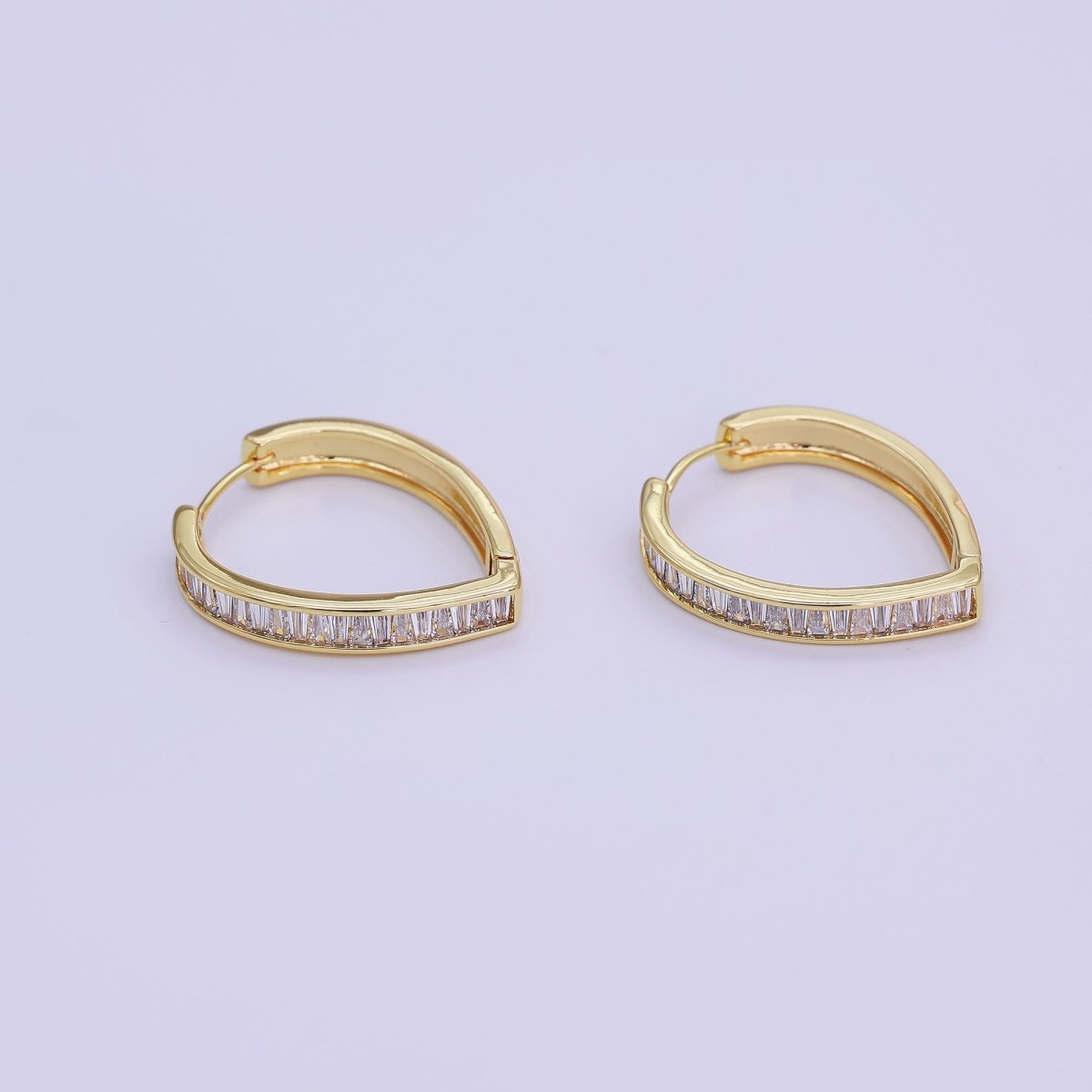 24K Gold Filled 25mm Clear CZ Baguette Triangle Hoop Earrings | T155 - DLUXCA