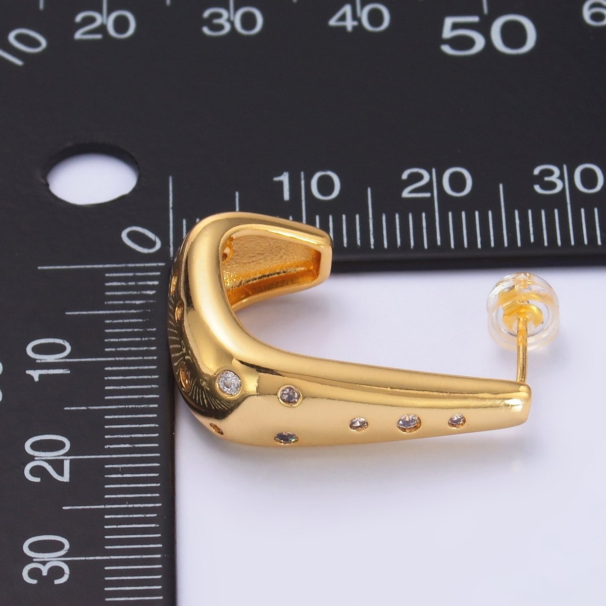 24K Gold Filled 25mm Clear CZ Dotted J - Shaped Hoop Earrings | AD200 - DLUXCA