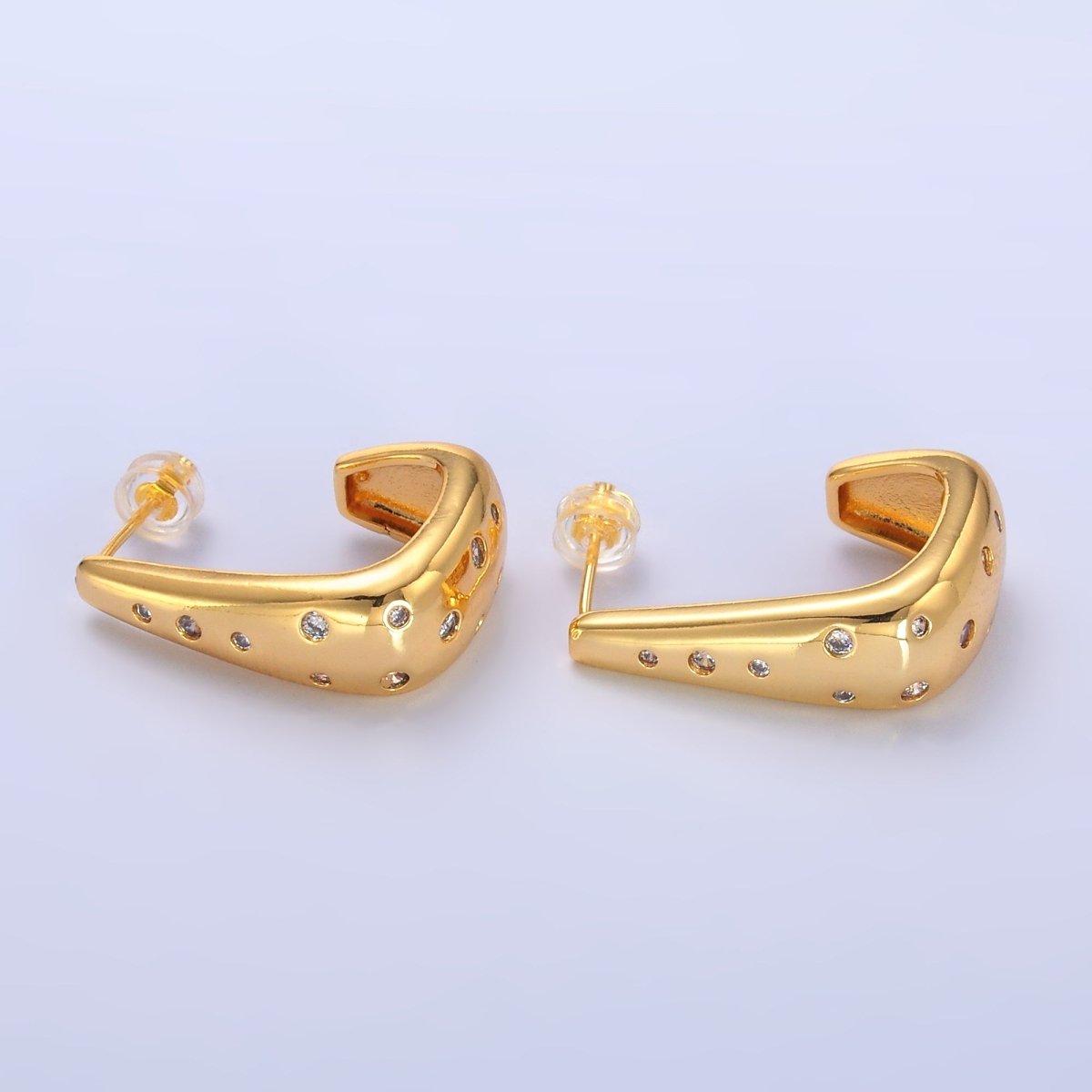 24K Gold Filled 25mm Clear CZ Dotted J - Shaped Hoop Earrings | AD200 - DLUXCA