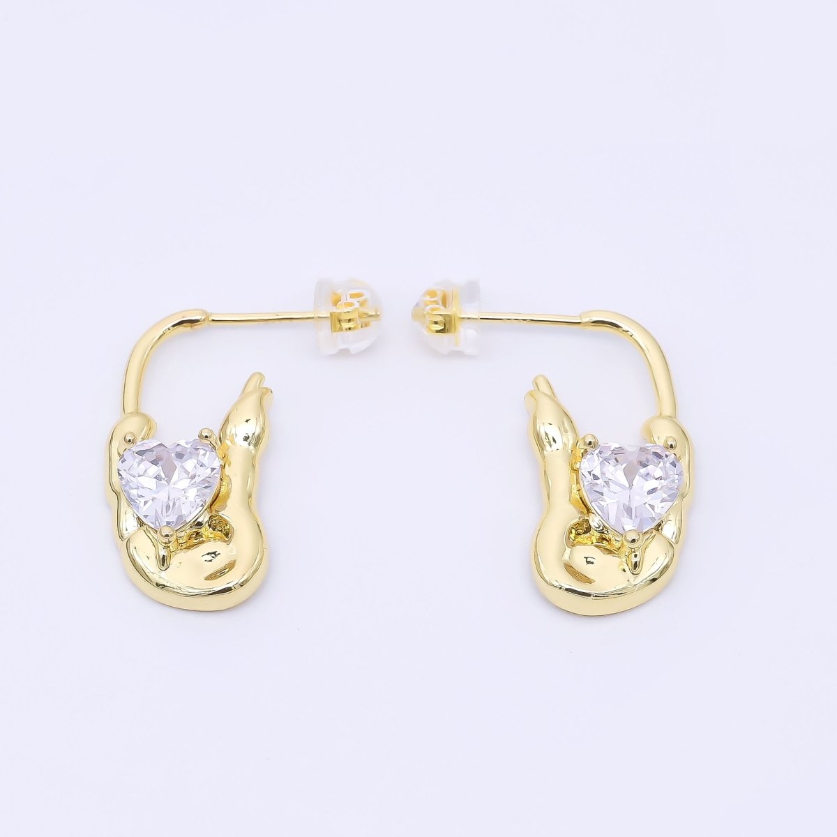 24K Gold Filled 25mm Clear CZ Heart Molten J - Shaped Hoop Earrings | AI448 - DLUXCA