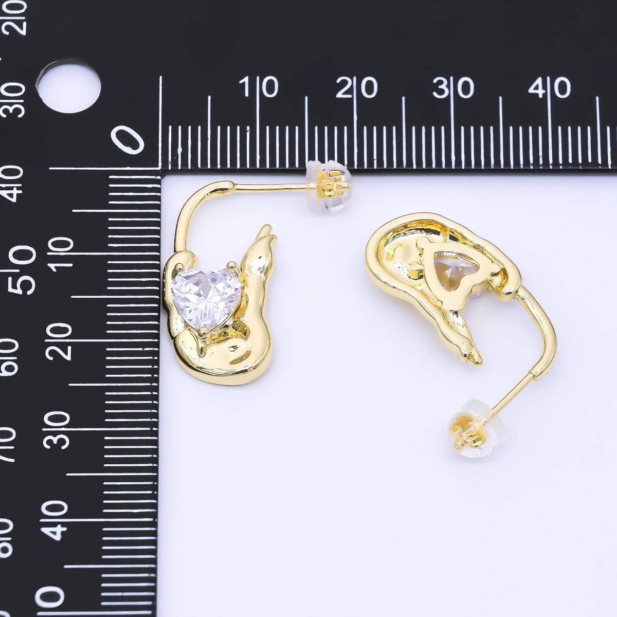 24K Gold Filled 25mm Clear CZ Heart Molten J - Shaped Hoop Earrings | AI448 - DLUXCA