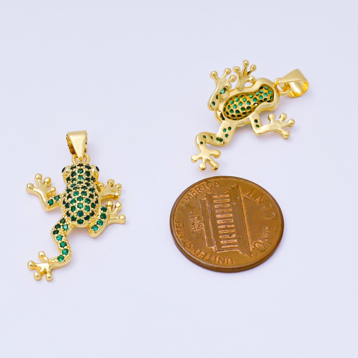24K Gold Filled 25mm Green Micro Paved CZ Bell Frog Pendant | AA1621 - DLUXCA