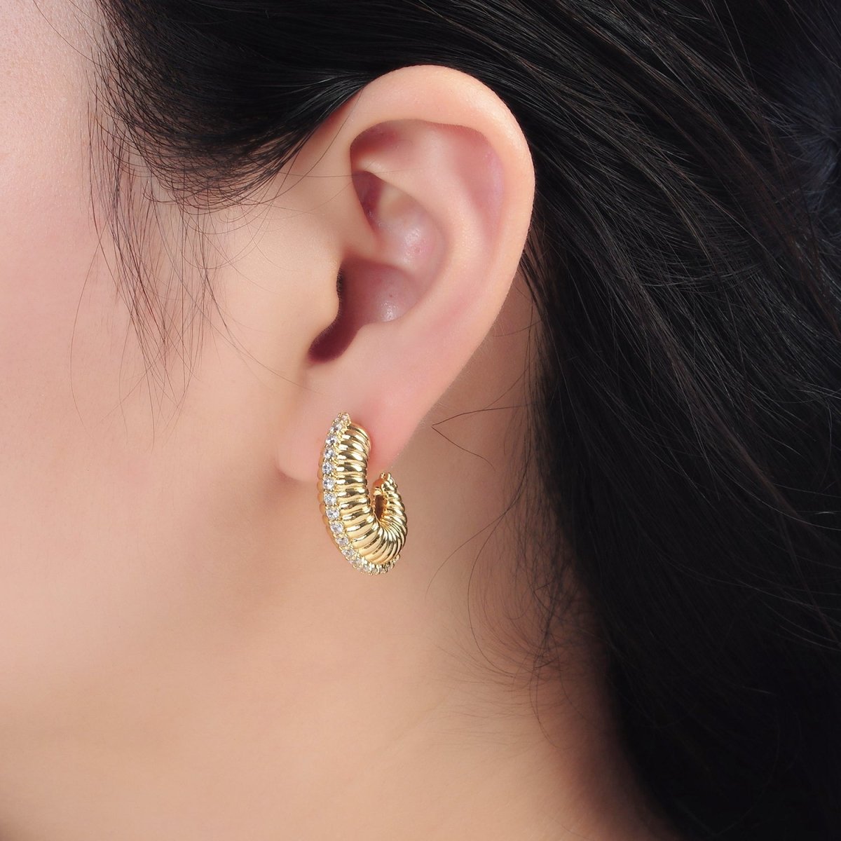 24K Gold Filled 25mm Micro Paved CZ Puffed Croissant J - Shaped Hoop Earrings | T124 - DLUXCA