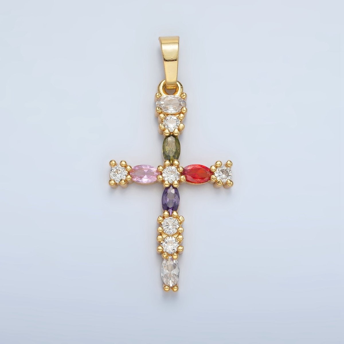 24K Gold Filled 25mm Multicolor CZ Marquise Religious Cross Pendant | I252 - DLUXCA