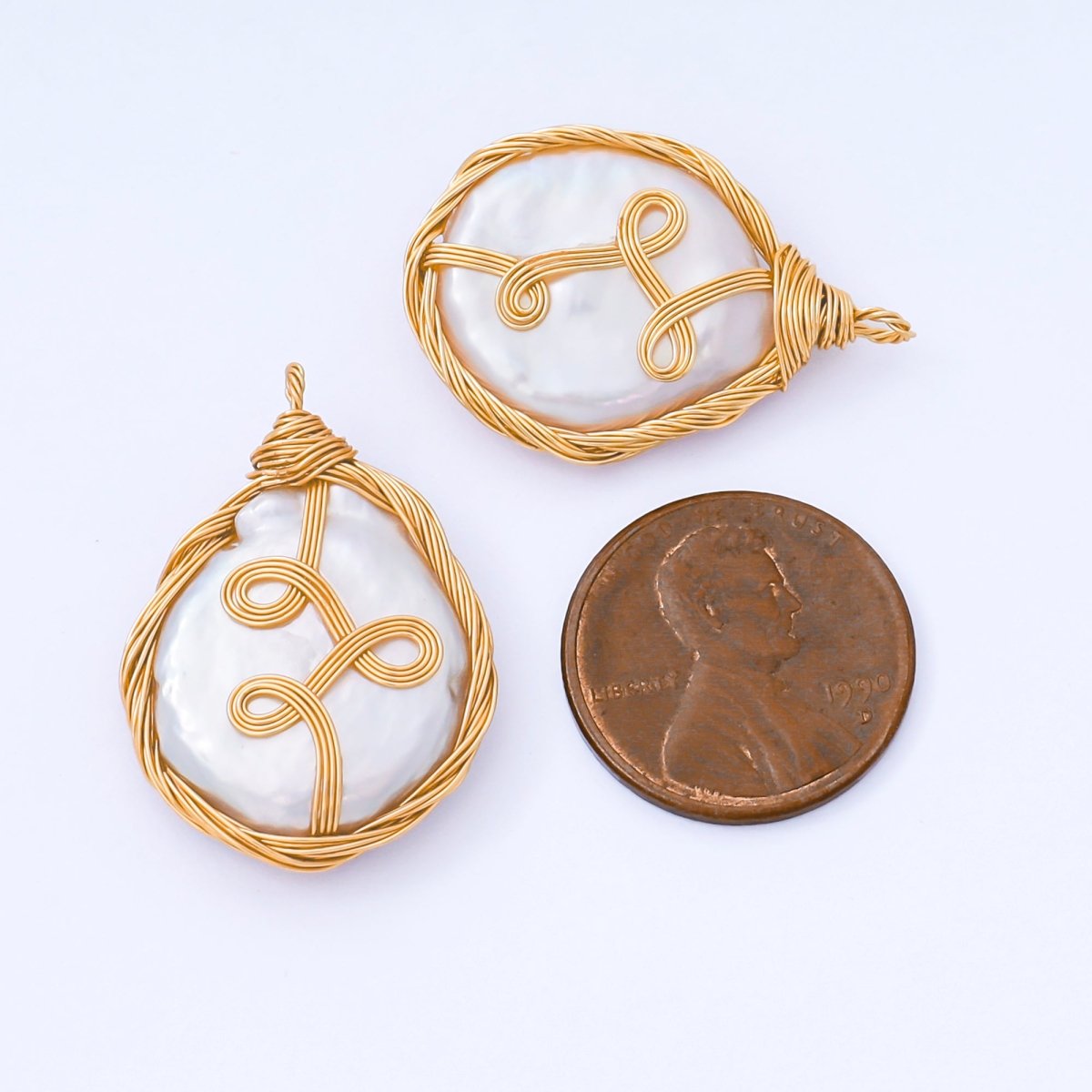 24K Gold Filled 26.5mm Baroque Freshwater Pearl Vine Textures - Framed Drop Pendant | AF580 - DLUXCA