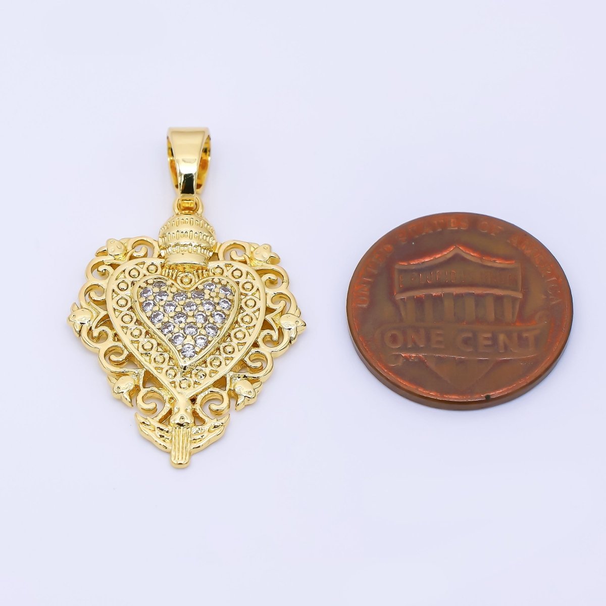 24K Gold Filled 26mm Micro Paved CZ Artisan Heart Pendant | AH542 - DLUXCA