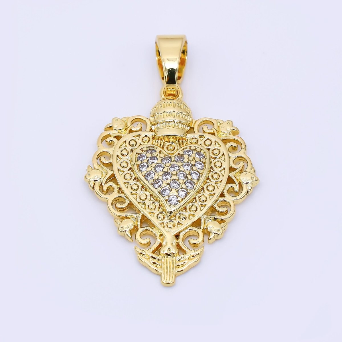 24K Gold Filled 26mm Micro Paved CZ Elegant Royal Heart Pendant | AH - 542 - DLUXCA