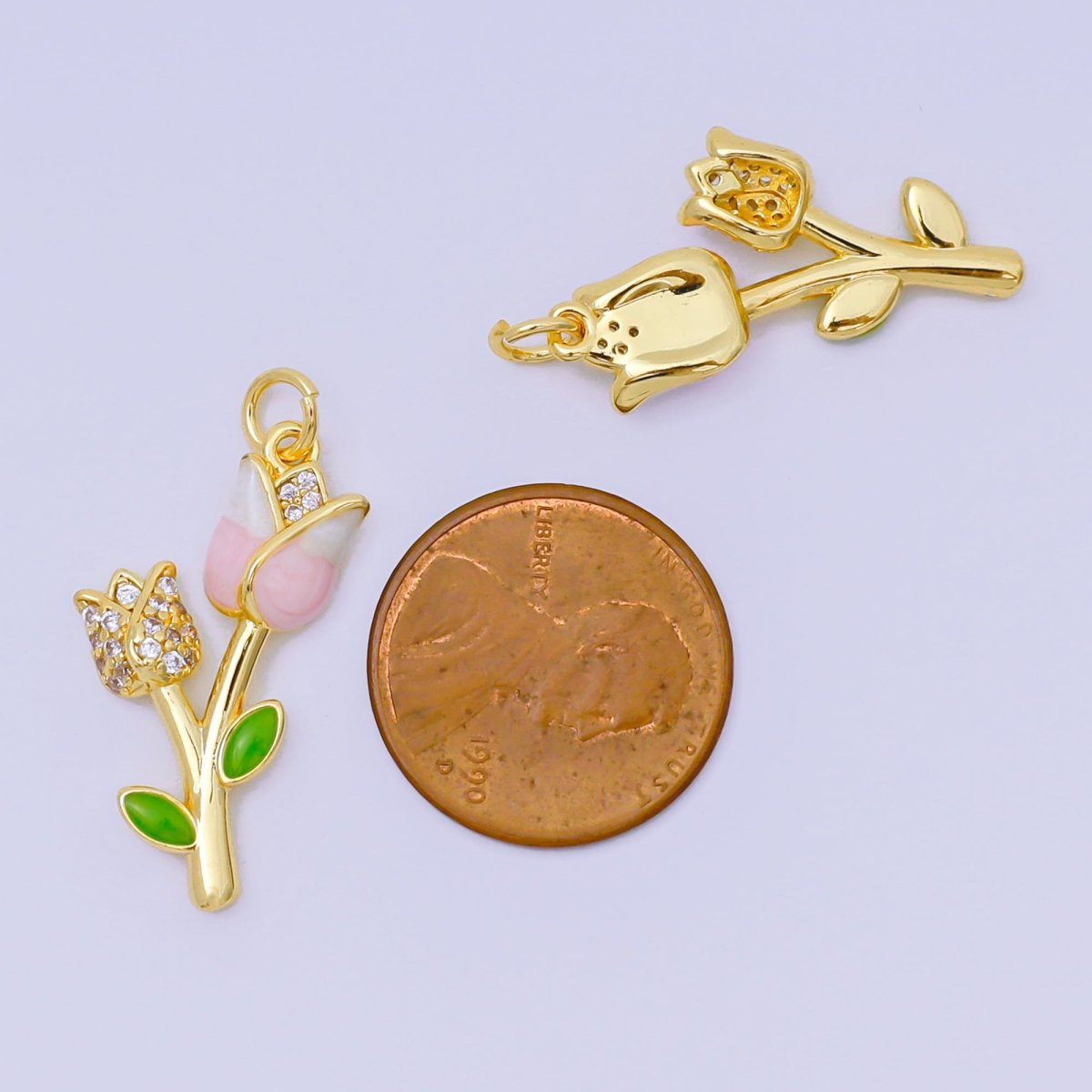 24K Gold Filled 26mm Micro Paved CZ Enamel Art Pink Tulip Flower Charm | AH - 634 - DLUXCA