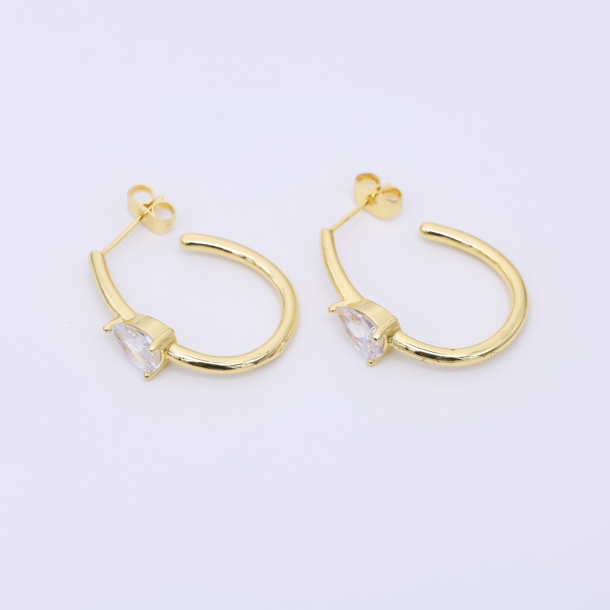 24K Gold Filled 27.5mm Clear CZ Teardrop J - Shaped Hoop Earrings | AI491 - DLUXCA
