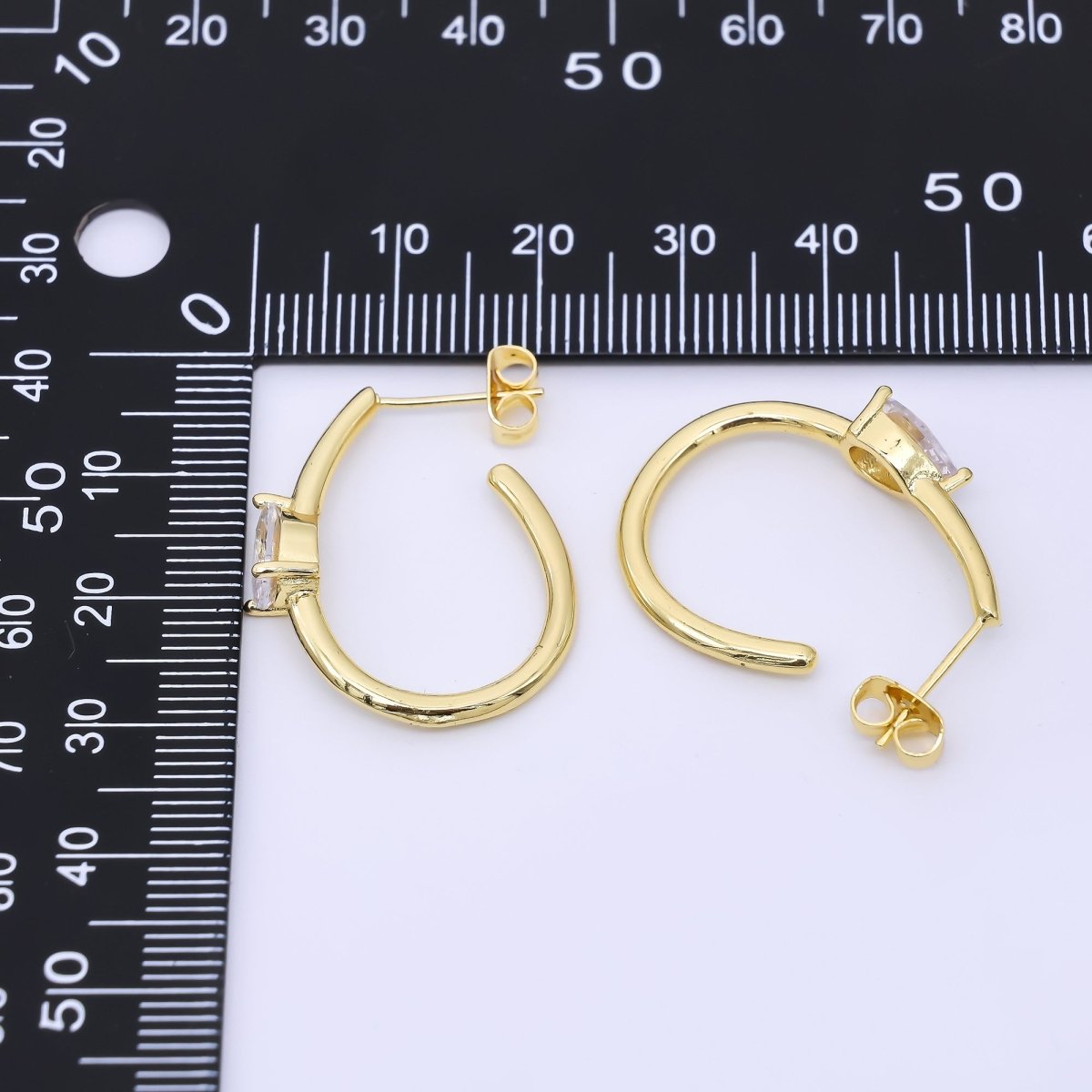 24K Gold Filled 27.5mm Clear CZ Teardrop J - Shaped Hoop Earrings | AI491 - DLUXCA