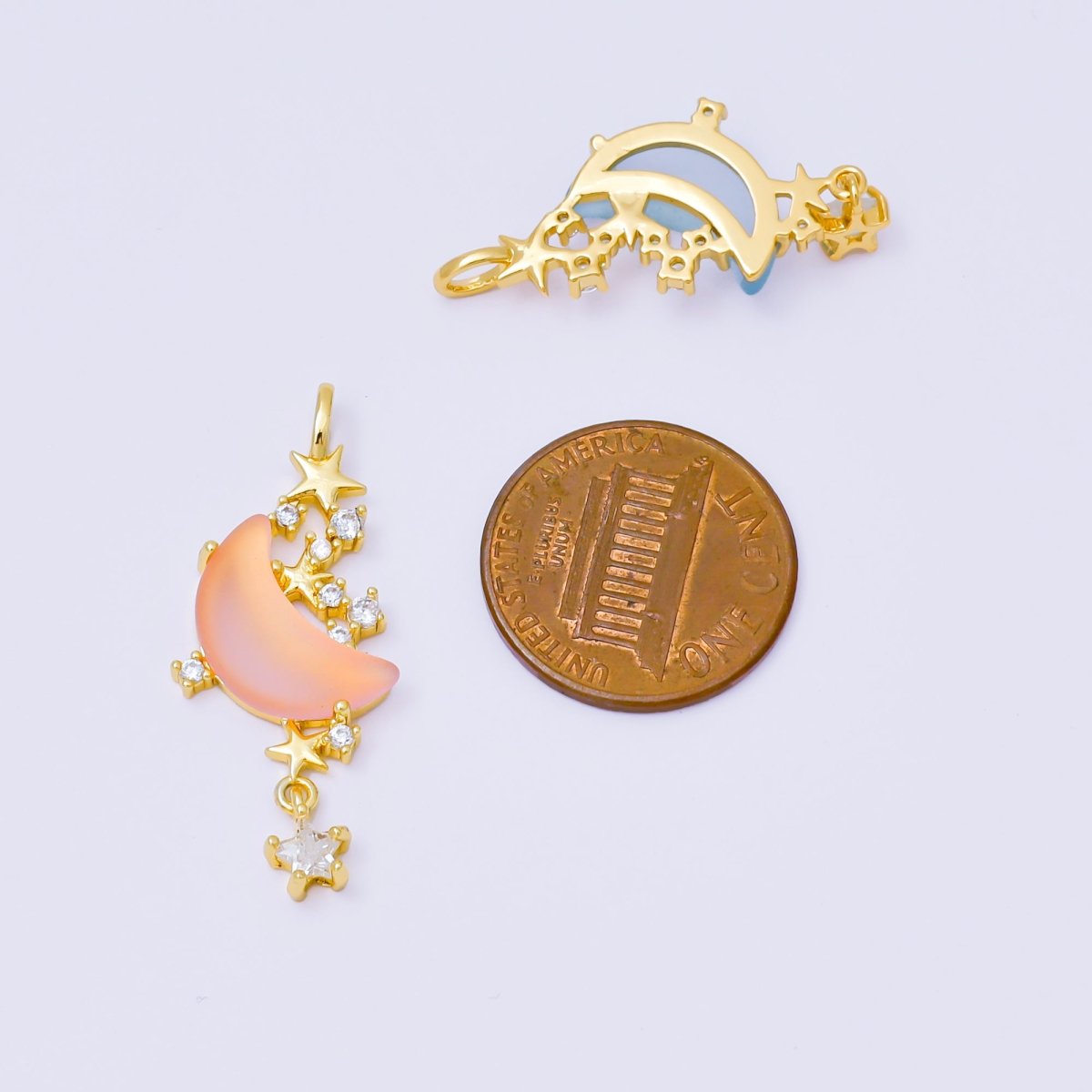 24K Gold Filled 27.5mm Micro Paved CZ Blue, Pink, Clear Stars Moonlight Set Drop Pendant | AA1628 AA1629 - DLUXCA