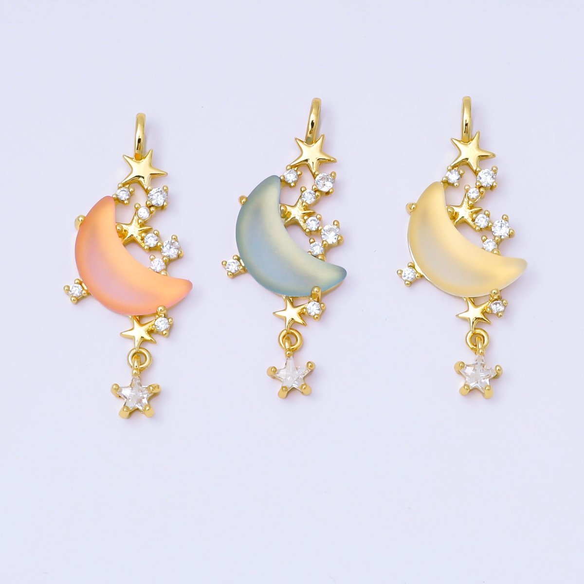 24K Gold Filled 27.5mm Micro Paved CZ Blue, Pink, Clear Stars Moonlight Set Drop Pendant | AA1628 AA1629 - DLUXCA