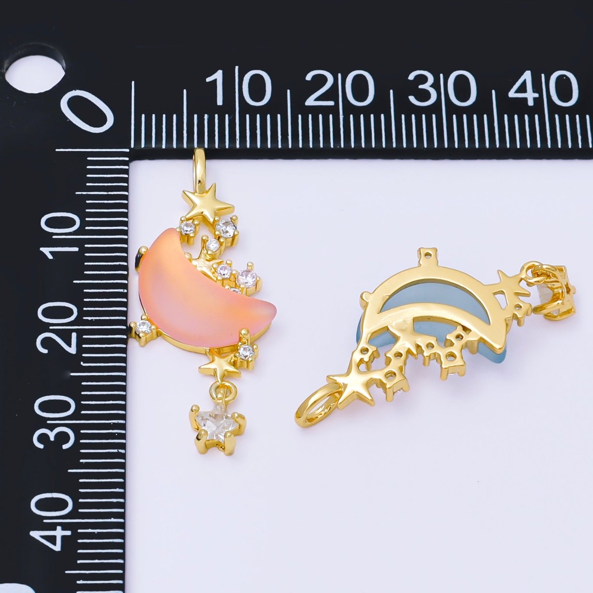 24K Gold Filled 27.5mm Micro Paved CZ Blue, Pink, Clear Stars Moonlight Set Drop Pendant | AA1628 AA1629 - DLUXCA