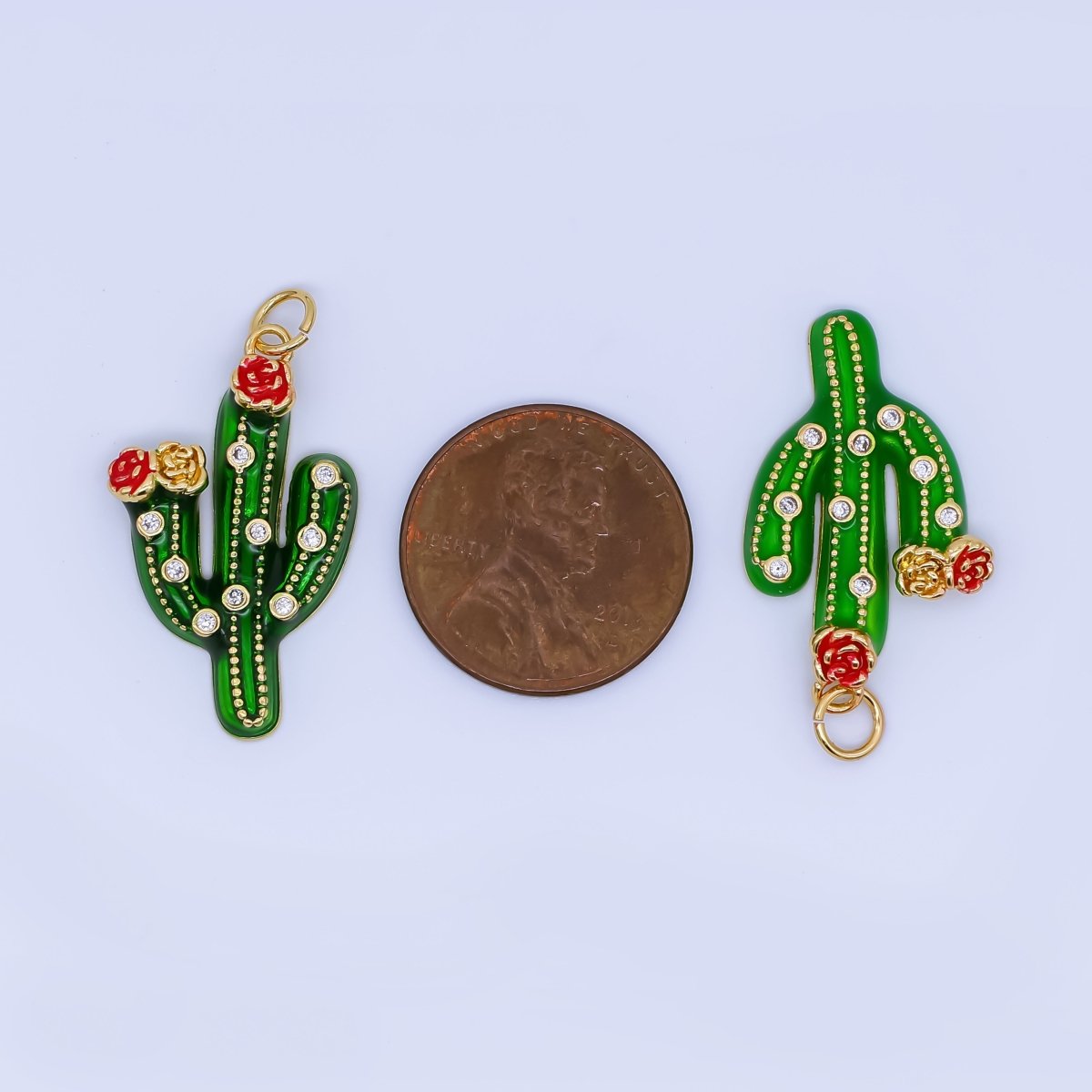 24K Gold Filled 27mm Clear CZ Dotted Enamel Red Flower Cactus Plant Charm | AJ433 AJ434 - DLUXCA