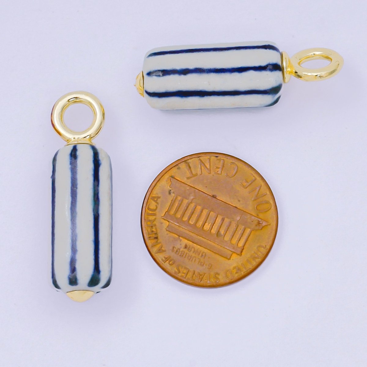 24K Gold Filled 28.5mm Blue - White Linear Cylinder Porcelain Drop Charm | AF1285 - DLUXCA