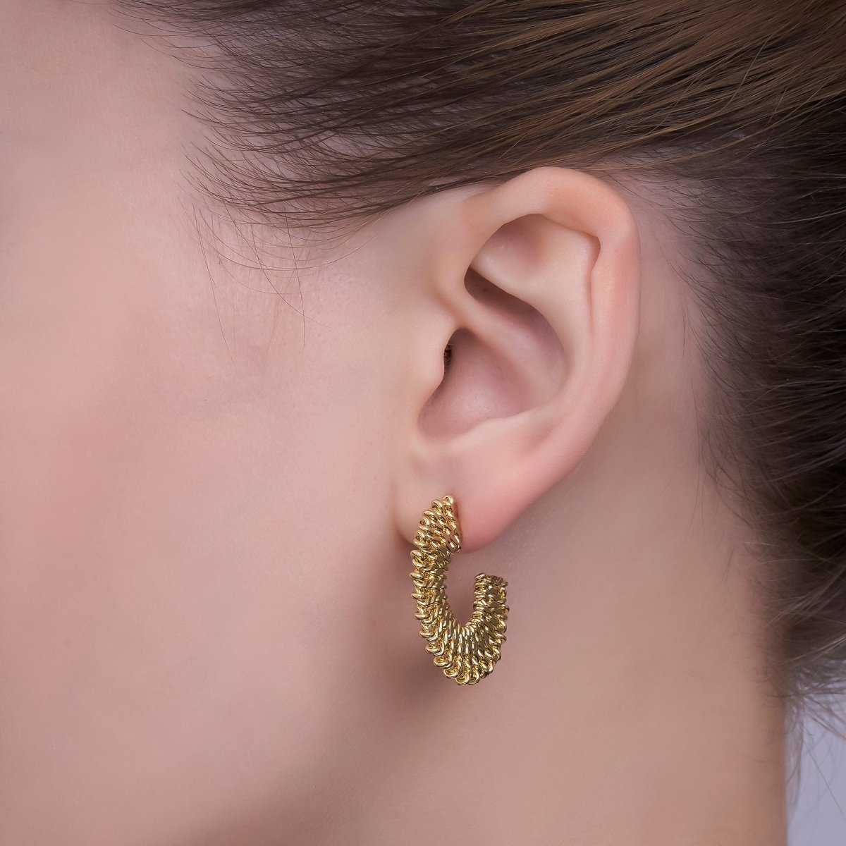 24K Gold Filled 28mm Flatted Twist Curb C - Shaped Hoop Earrings | T028 - DLUXCA