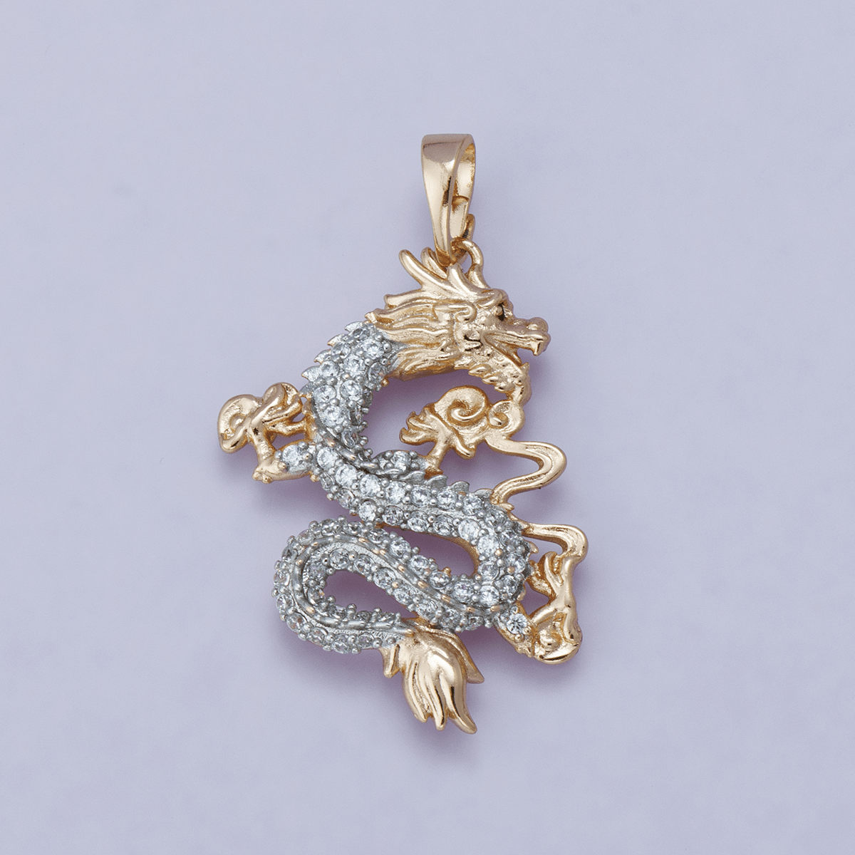 24K Gold Filled 28mm Micro Paved CZ Oriental Dragon Lucky Pendant | H00627 - DLUXCA