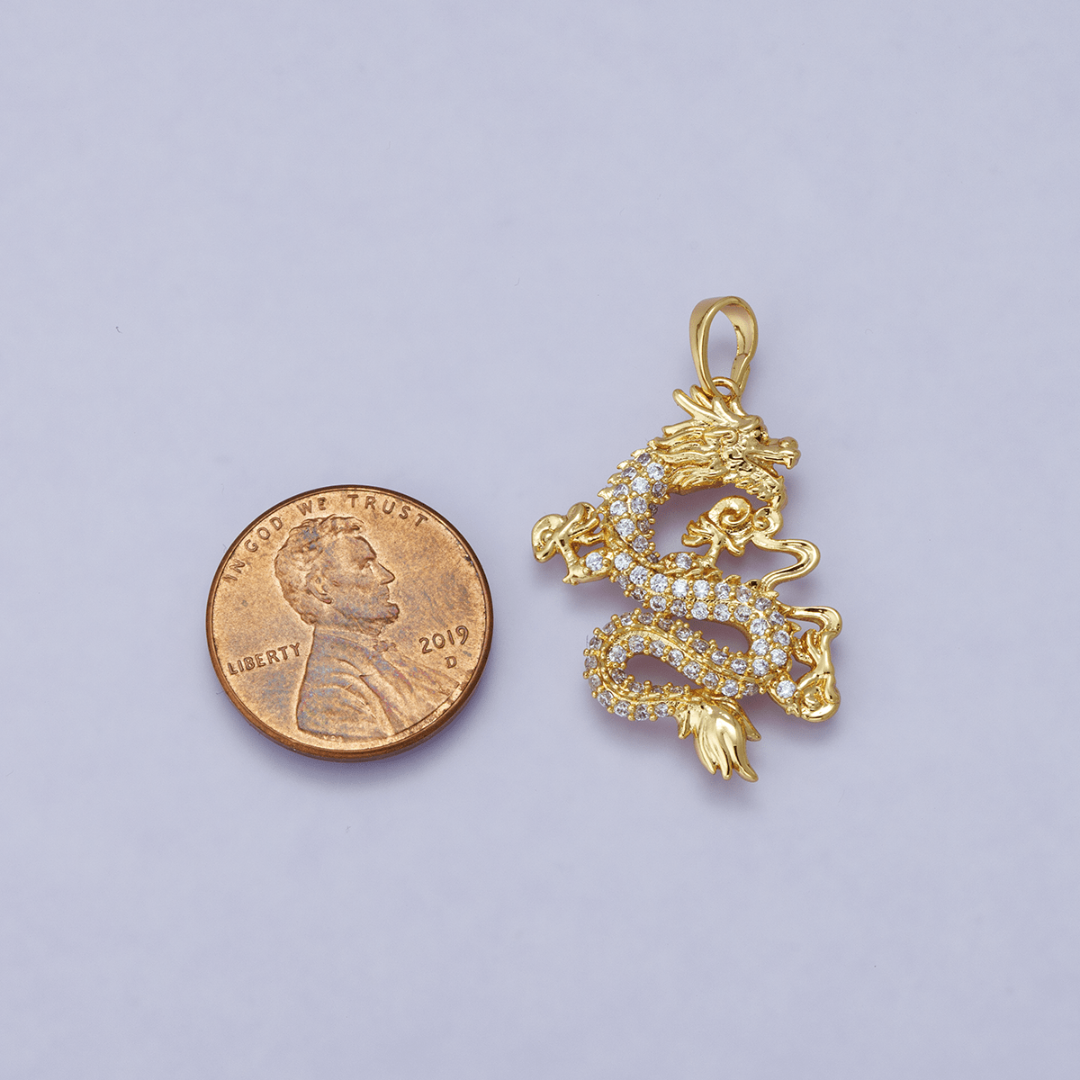 24K Gold Filled 28mm Micro Paved CZ Oriental Dragon Lucky Pendant | H00627 - DLUXCA