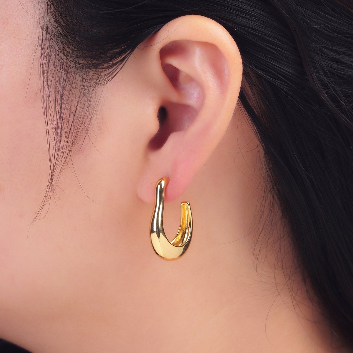 24K Gold Filled 28mm Molten Abstract J - Shaped Hoop Earrings | AB704 - DLUXCA