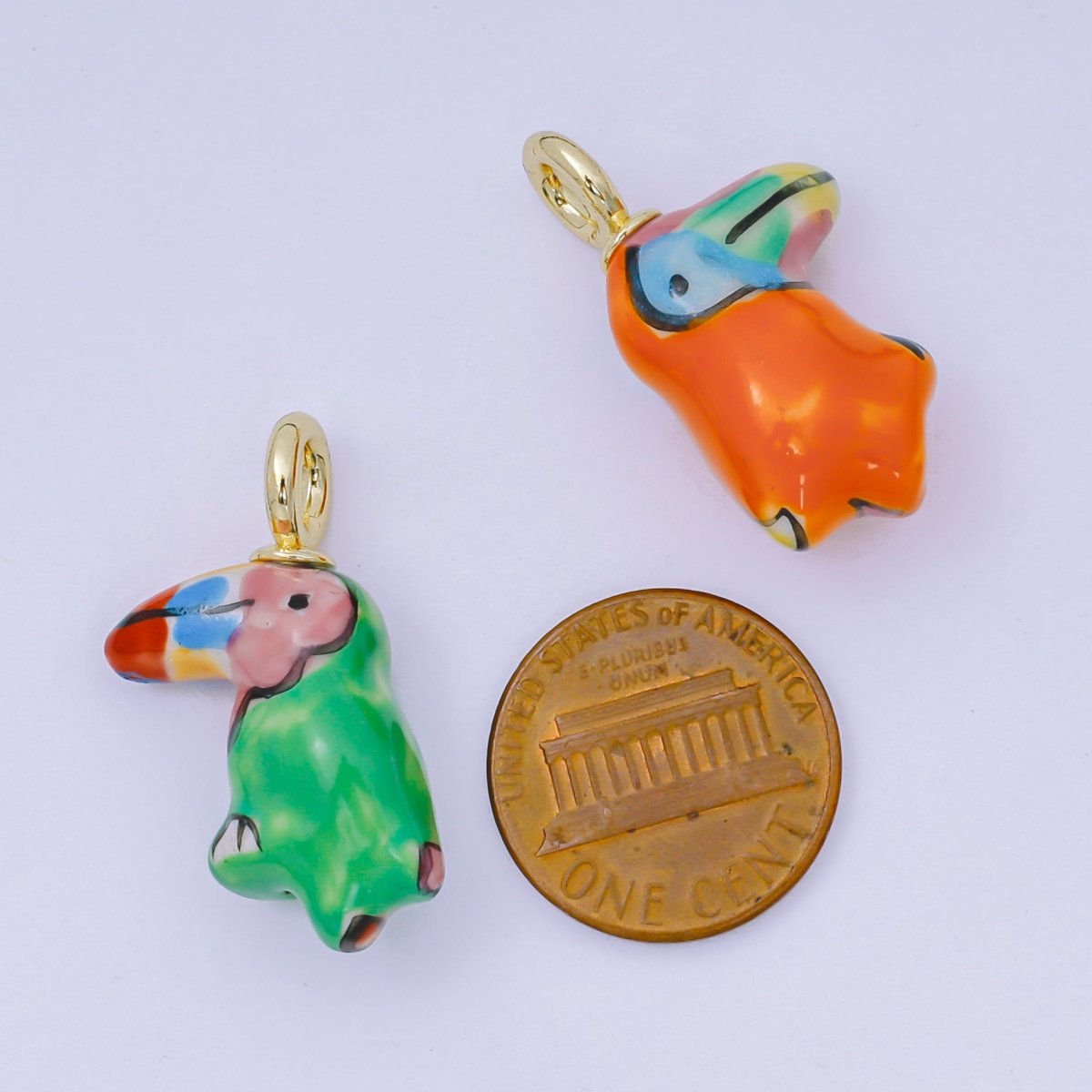 24K Gold Filled 29.5mm Green, Orange, Black Ceramic Parrots Rio Bird Charm | AF1263 - AF1267 - DLUXCA