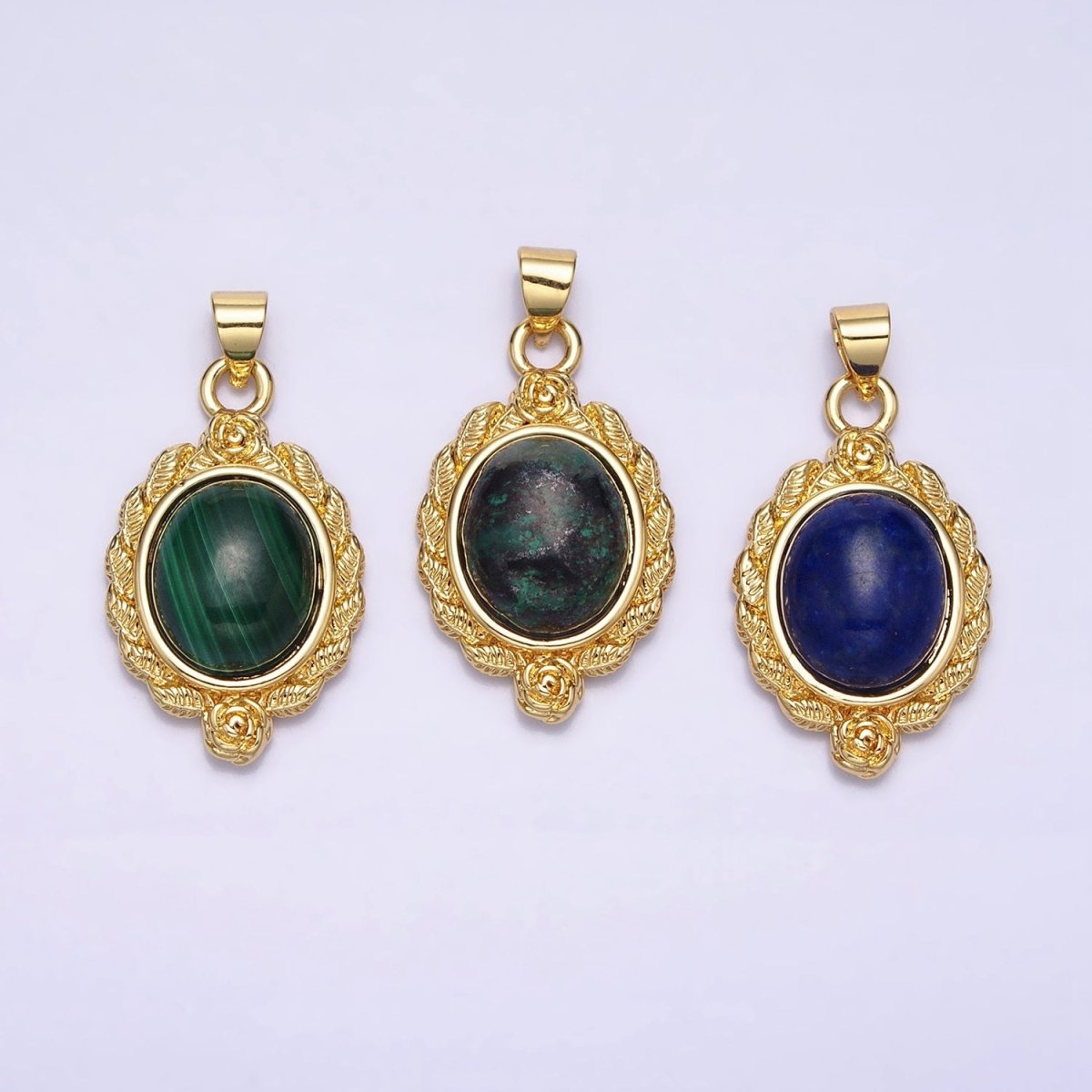 24K Gold Filled 29mm Lapis Lazuli, Malachite, Moss Agate Cabochon Gemstone Leaf Rose Bezel Pendant | AA286 - AA288 - DLUXCA