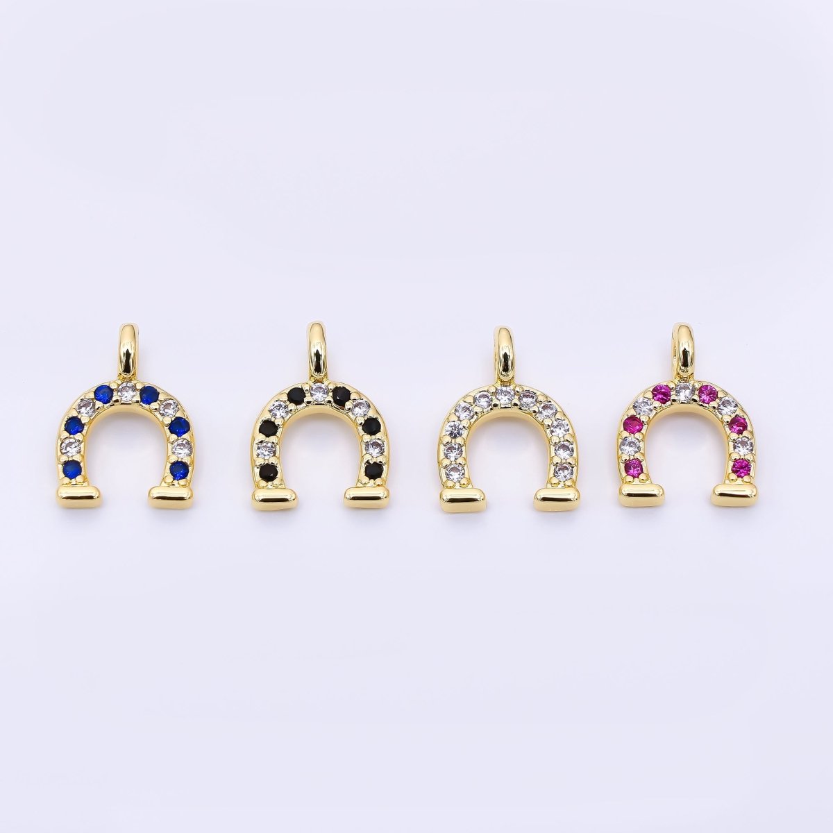 24K Gold Filled 29mm Micro Paved CZ Farm Horseshoe Animal Charm Iin Black, Pink, & Blue | AH - 557 AH - 558 - DLUXCA