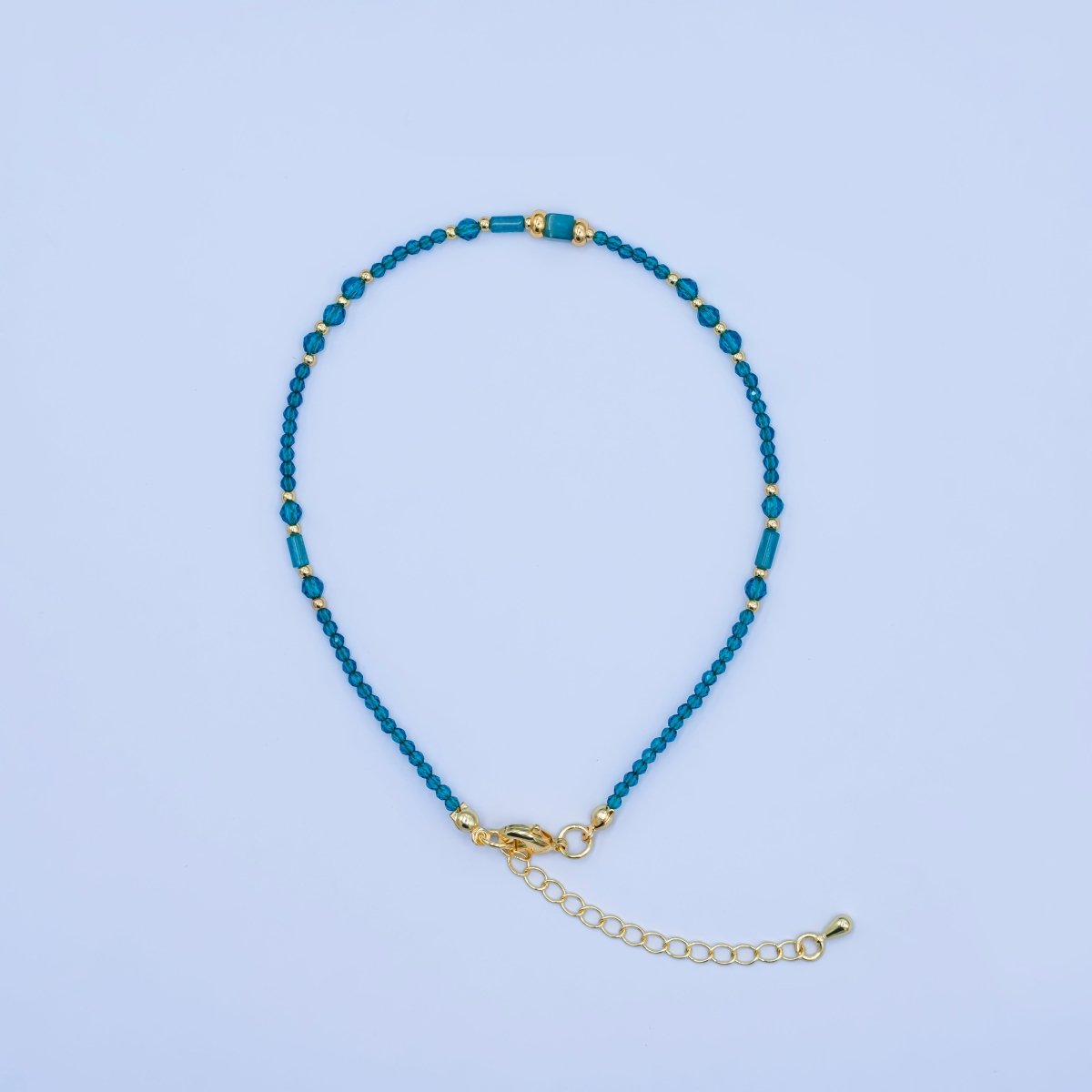 24K Gold Filled 2mm Blue Multifaceted Gemstone 9 Inch Anklet | WA - 2947 - DLUXCA
