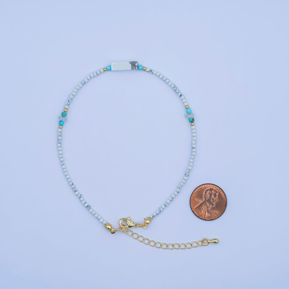 24K Gold Filled 2mm Blue Turquoise Howlite Gemstone 9.5 Inch Anklet | WA - 2952 - DLUXCA