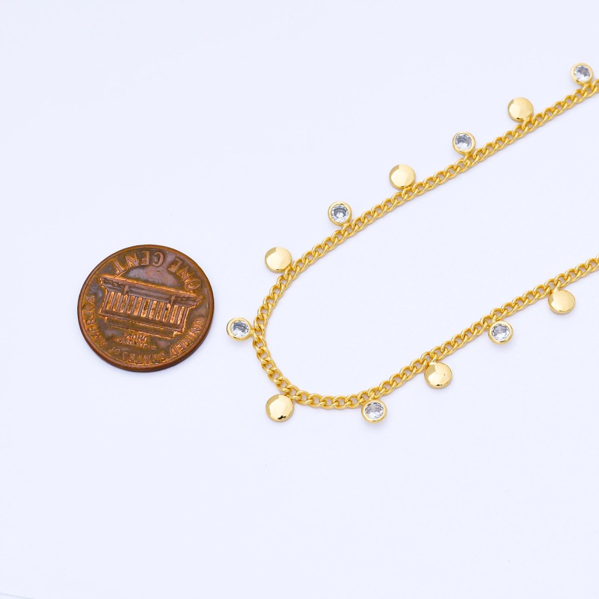 24K Gold Filled 2mm Curb Chain w. Round CZ Drop Unfinished Chain by Yard | Roll - 1682 - DLUXCA