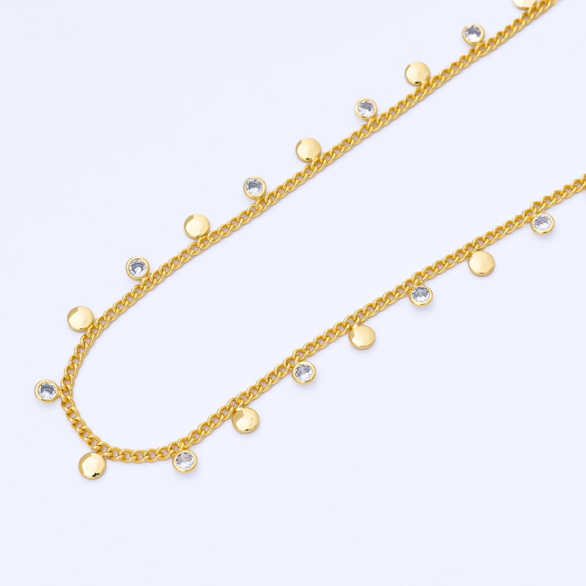 24K Gold Filled 2mm Curb Chain w. Round CZ Drop Unfinished Chain by Yard | Roll - 1682 - DLUXCA