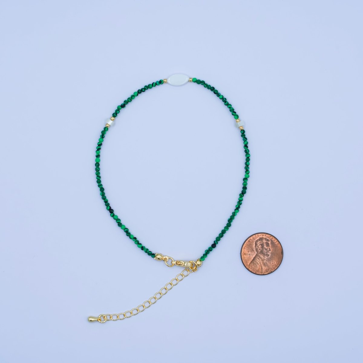 24K Gold Filled 2mm Shell Pearl Malachite Multifaceted Gemstone 9 Inch Anklet | WA - 2946 - DLUXCA