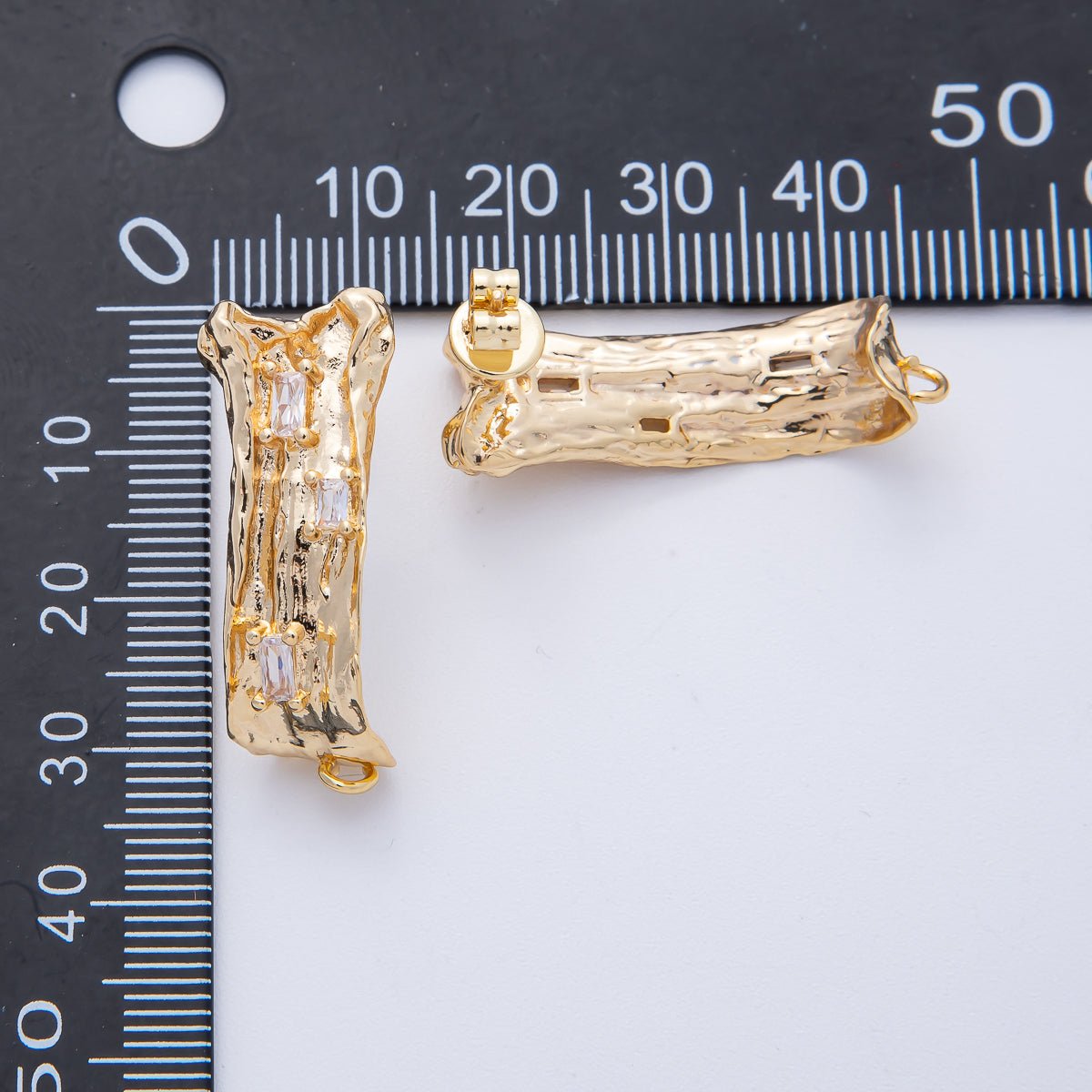24K Gold Filled 30mm Baguette CZ Hammered Tube Drop Stud Earrings in Gold & Silver | Z1668 - DLUXCA
