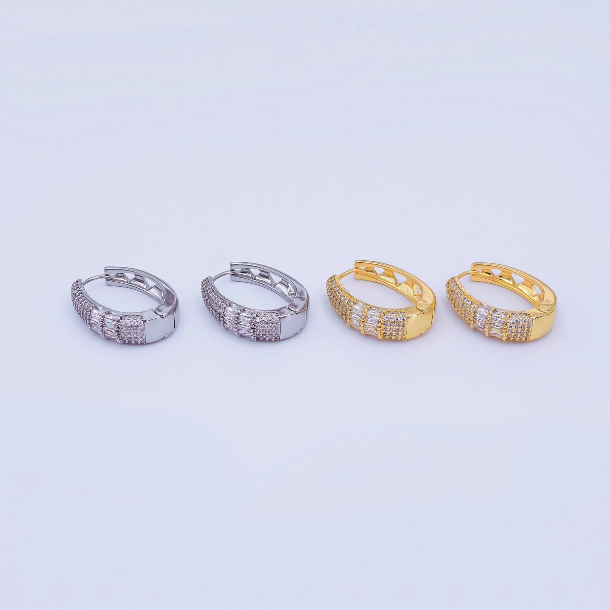 24K Gold Filled 30mm Clear CZ Baguette Micro Paved Oblong Hoop Earrings in Gold & Silver | AI523 AI524 - DLUXCA