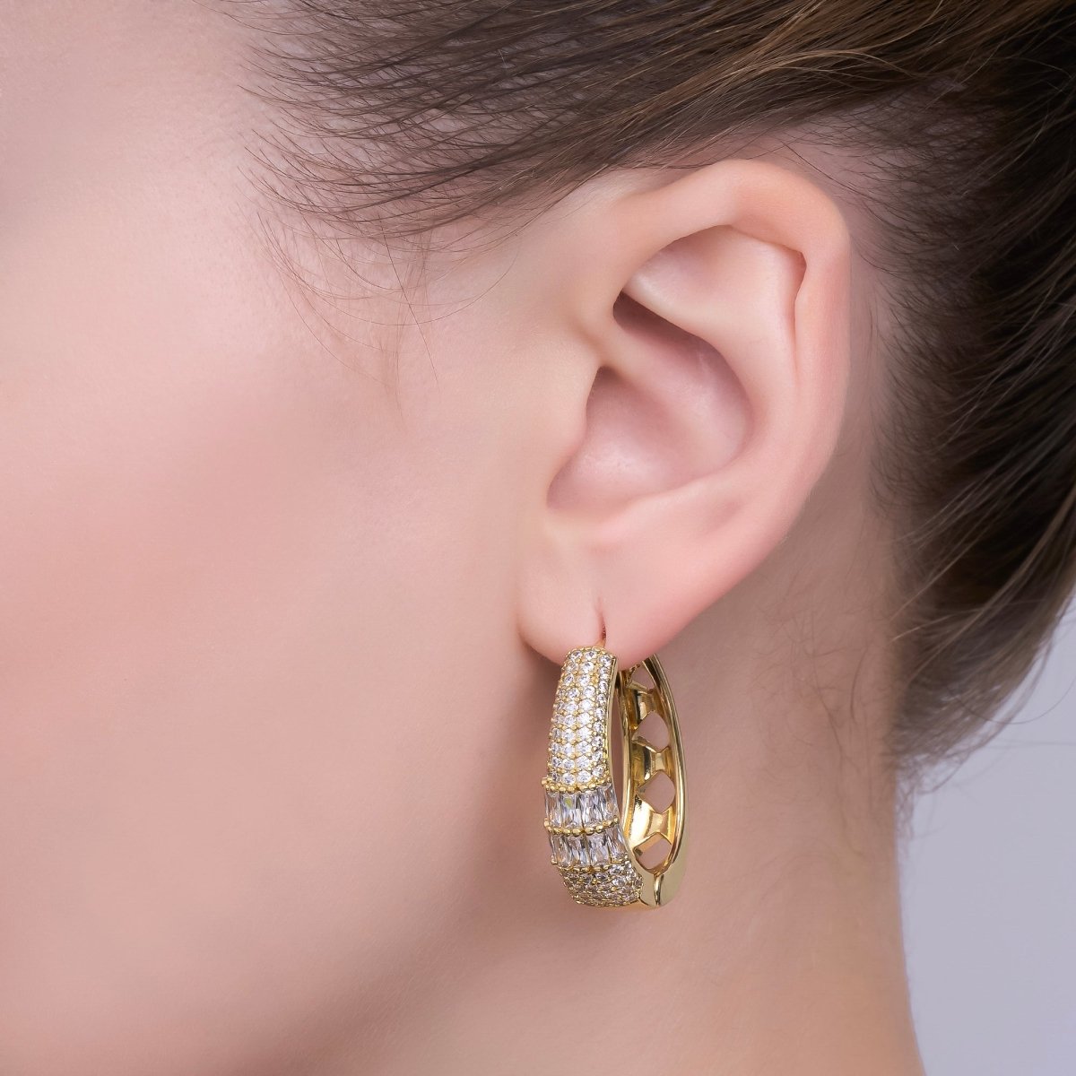 24K Gold Filled 30mm Clear CZ Baguette Micro Paved Oblong Hoop Earrings in Gold & Silver | AI523 AI524 - DLUXCA