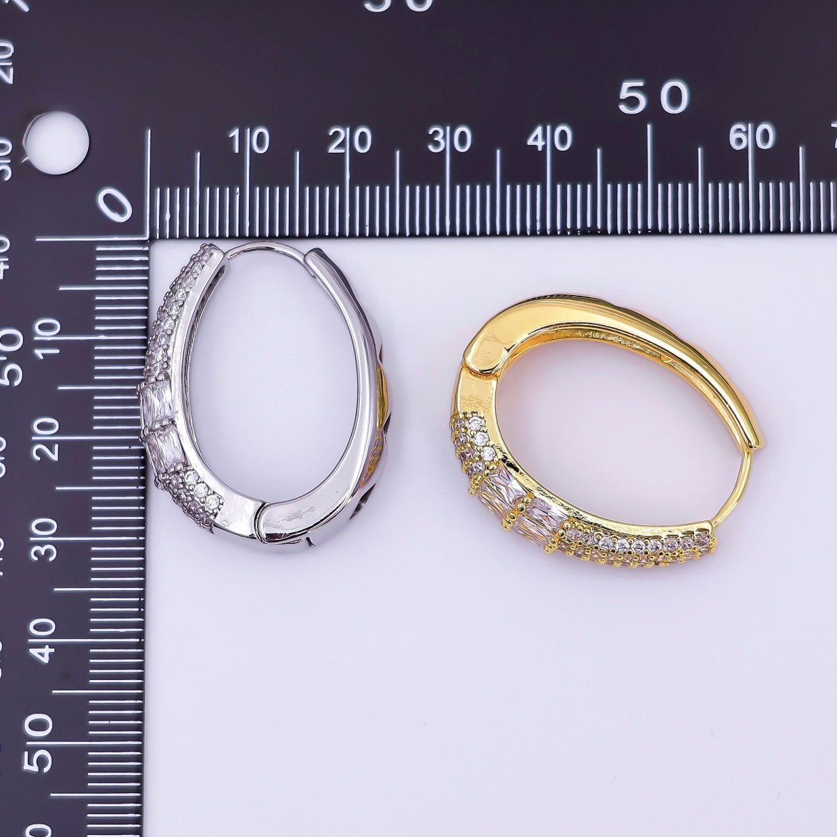 24K Gold Filled 30mm Clear CZ Baguette Micro Paved Oblong Hoop Earrings in Gold & Silver | AI523 AI524 - DLUXCA