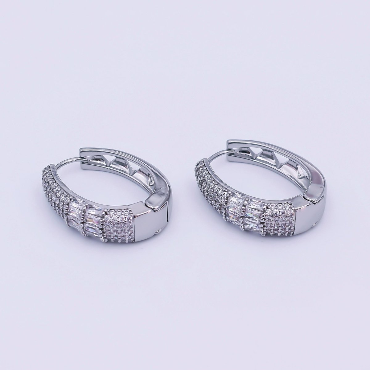 24K Gold Filled 30mm Clear CZ Baguette Micro Paved Oblong Hoop Earrings in Gold & Silver | AI523 AI524 - DLUXCA