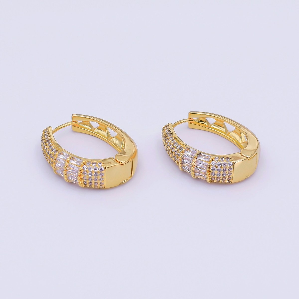 24K Gold Filled 30mm Clear CZ Baguette Micro Paved Oblong Hoop Earrings in Gold & Silver | AI523 AI524 - DLUXCA