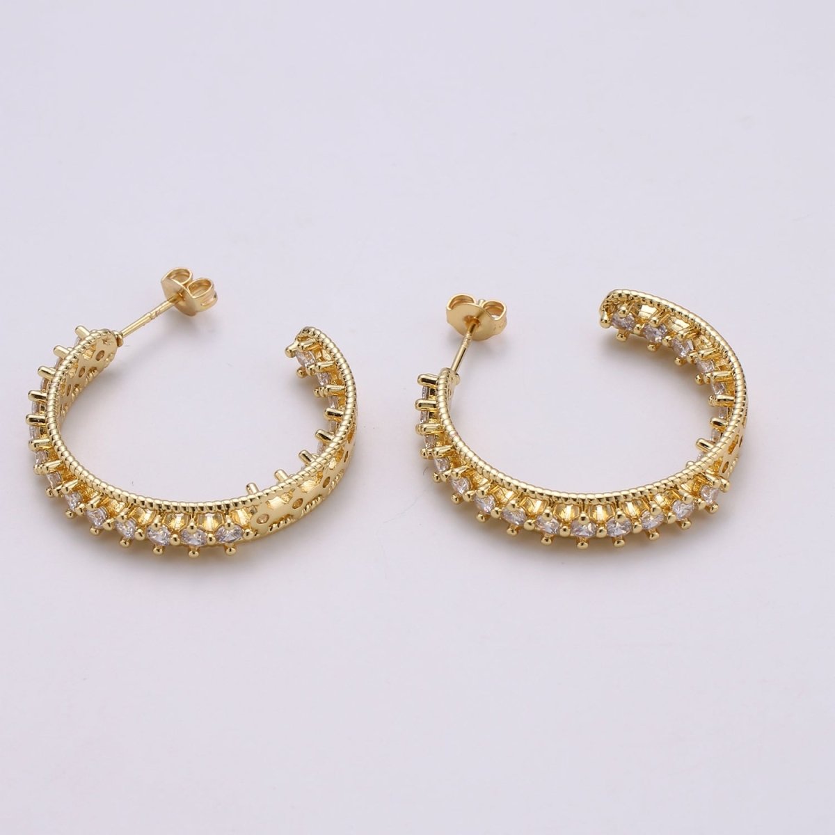 24K Gold Filled 30mm Clear CZ Front - Facing C - Shaped Hoop Earrings | Q420 - DLUXCA