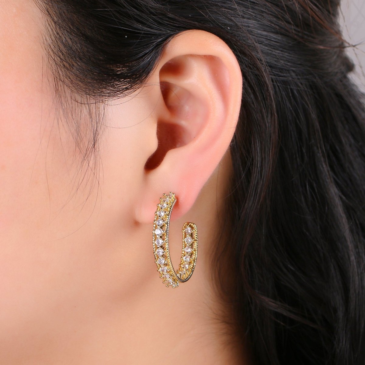 24K Gold Filled 30mm Clear CZ Front - Facing C - Shaped Hoop Earrings | Q420 - DLUXCA