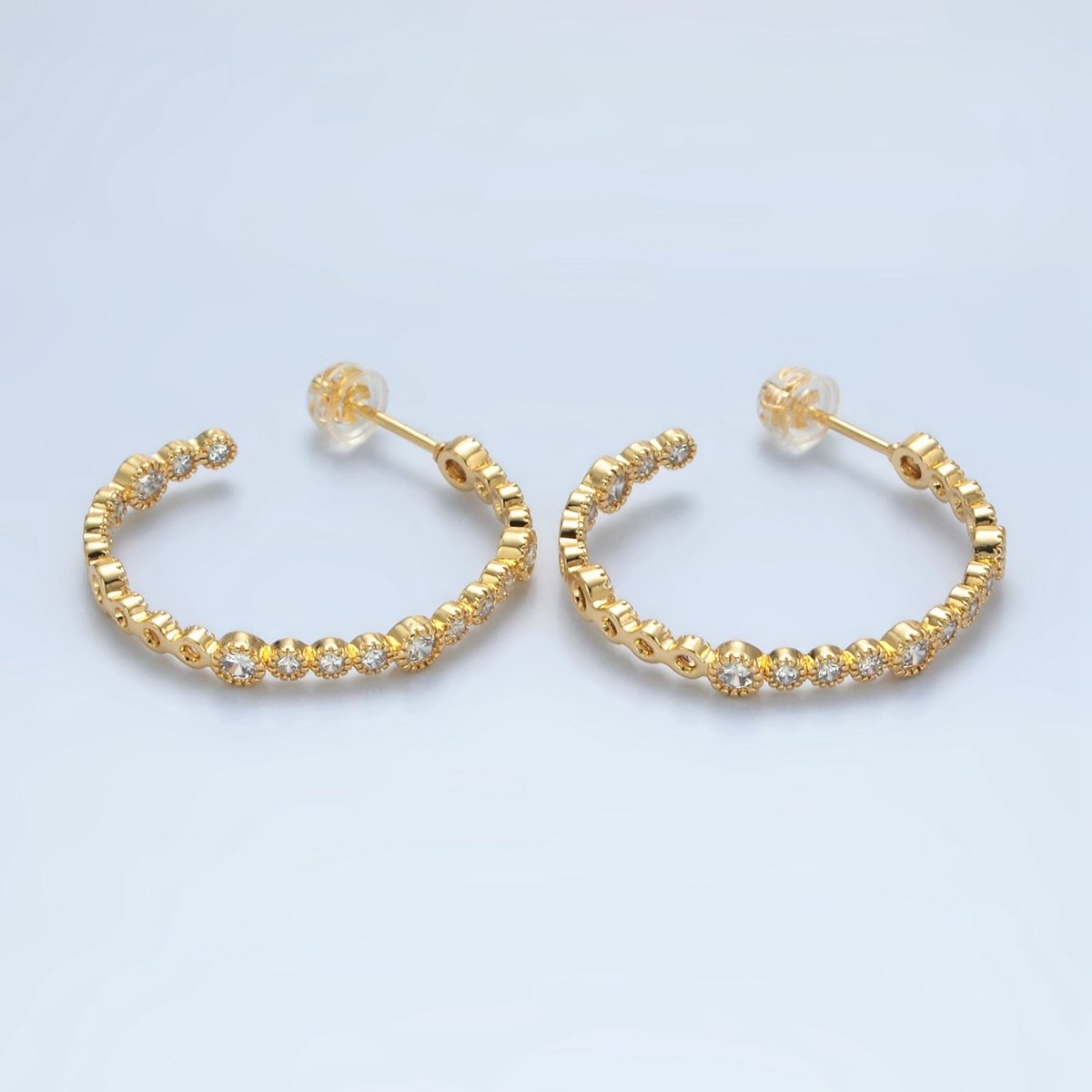 24K Gold Filled 30mm Clear CZ Round Lined C - Shaped Hoop Earrings | AB1261 - DLUXCA