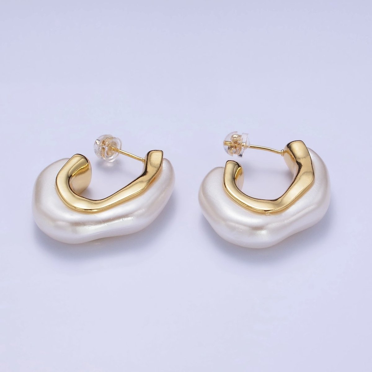 24K Gold Filled 30mm Shell Pearl Geometric J-Shaped Hoop Earrings | Q193 - DLUXCA