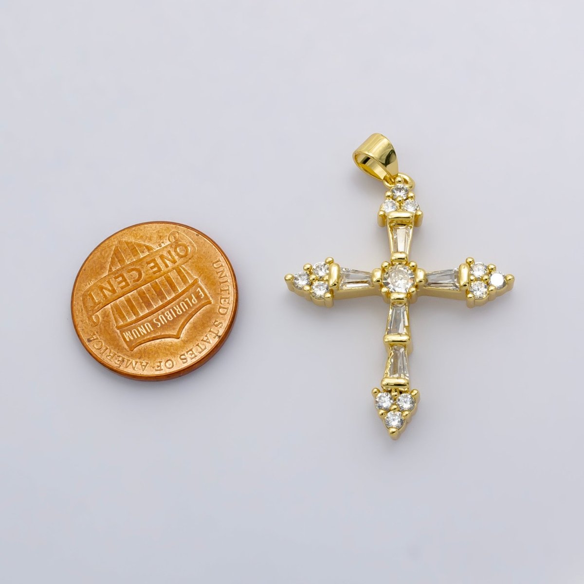 24K Gold Filled 32mm Baguette CZ Paved Cross | AA - 1025 - DLUXCA