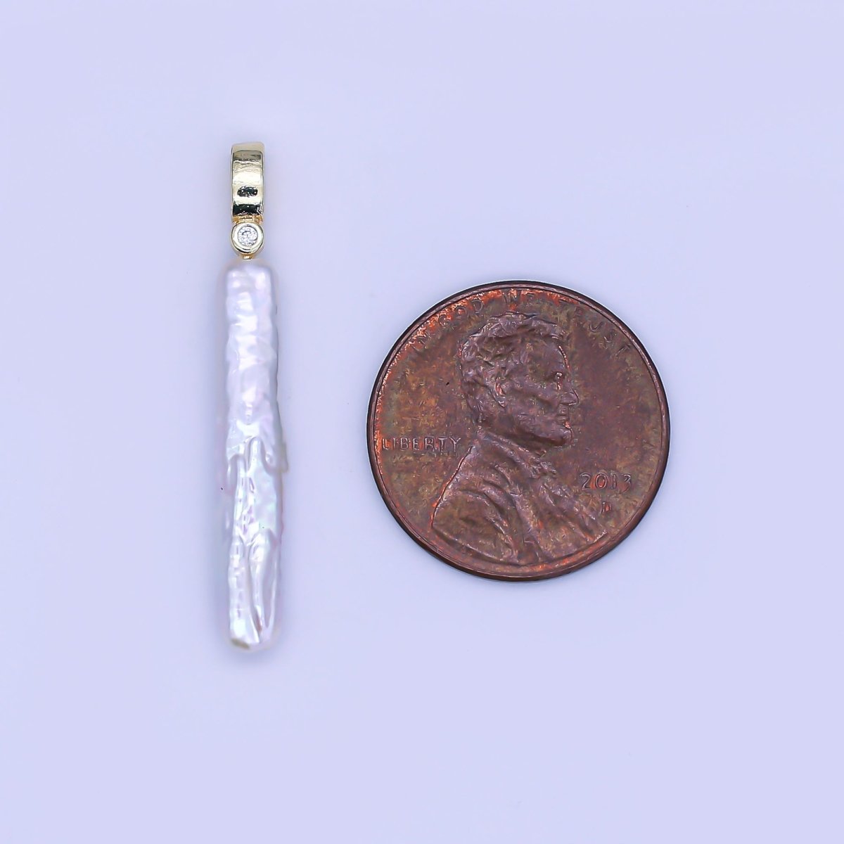 24K Gold Filled 32mm Freshwater Pearl Long Toothpick - Shaped Pendant | P - 1713 - DLUXCA