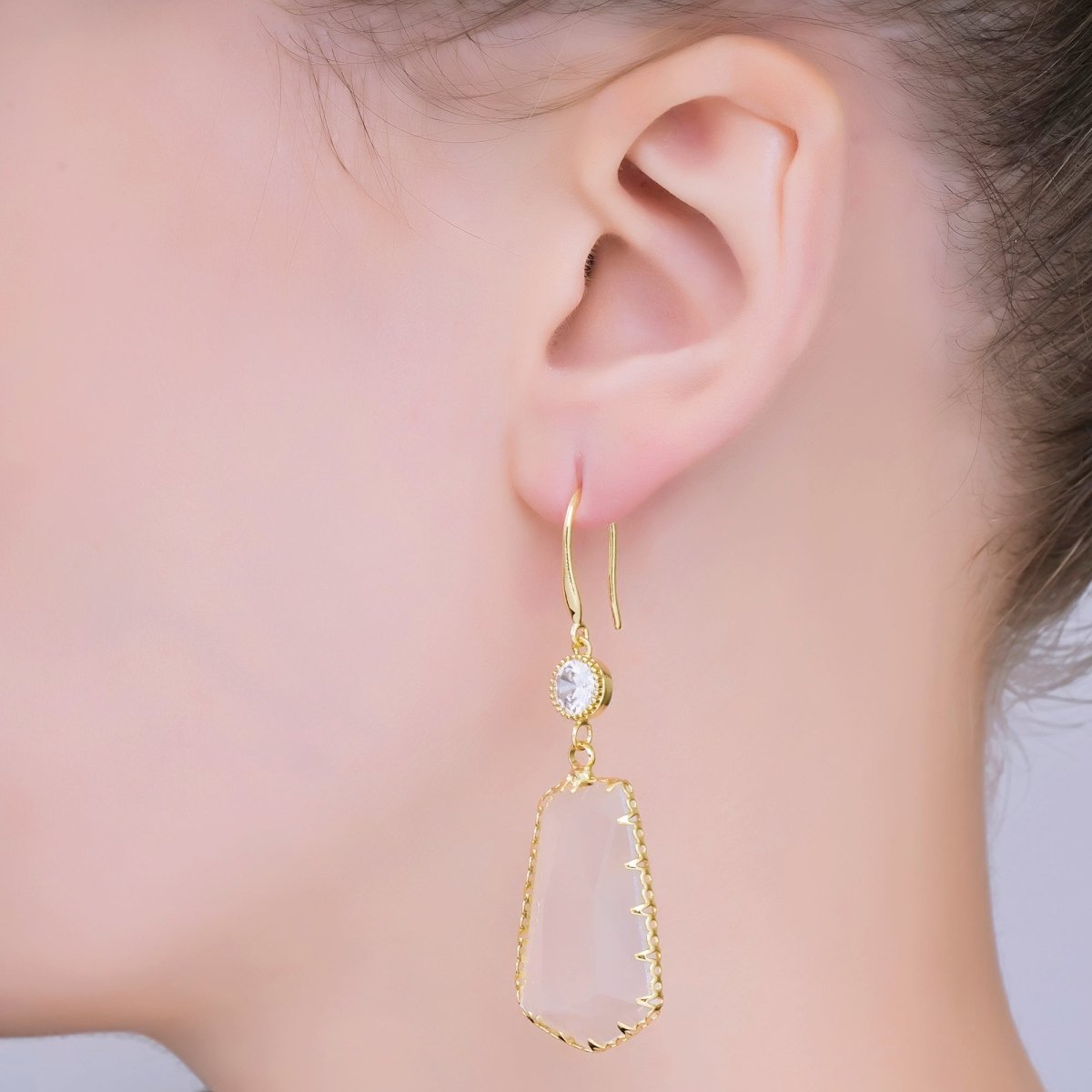 24K Gold Filled 34mm Clear CZ Clear Stone Statement Drop Hook Earrings | AB1603 - DLUXCA